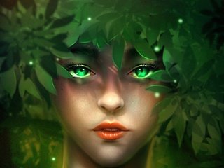 Обои листья, девушка, взгляд, фэнтези, лицо, зеленые глаза, minnhsg, leaves, girl, look, fantasy, face, green eyes разрешение 2054x1800 Загрузить