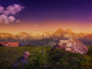 Обои небо, облака, горы, камни, пейзаж, дом, альпы, the sky, clouds, mountains, stones, landscape, house, alps разрешение 4000x2409 Загрузить