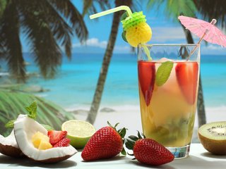 Обои напиток, фрукты, клубника, ягоды, лайм, коктейль, киви, кокос, drink, fruit, strawberry, berries, lime, cocktail, kiwi, coconut разрешение 3840x2400 Загрузить