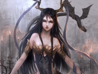 Обои девушка, дракон, крылья, аниме, рога, girl, dragon, wings, anime, horns разрешение 2480x2111 Загрузить