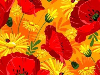 Обои цветы, маки, яркие, красных, жёлтых, и, ноготки, flowers, maki, bright, red, yellow, and, marigolds разрешение 5016x5016 Загрузить