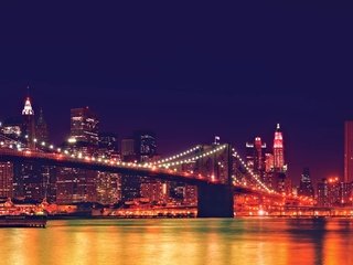 Обои свет, ночь, пейзаж, мост, город, сша, нью-йорк, бруклинский мост, light, night, landscape, bridge, the city, usa, new york, brooklyn bridge разрешение 3840x2160 Загрузить