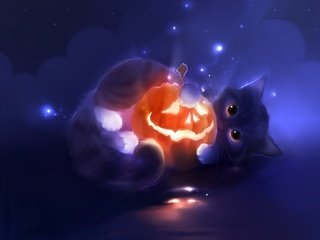 Обои арт, кот, мордочка, кошка, котенок, хеллоуин, тыква, art, cat, muzzle, kitty, halloween, pumpkin разрешение 1920x1080 Загрузить