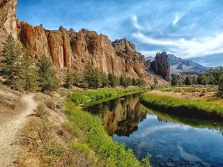 Обои небо, облака, деревья, река, горы, природа, тропинка, сша, the sky, clouds, trees, river, mountains, nature, path, usa разрешение 2560x1600 Загрузить