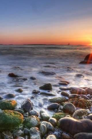 Обои солнце, камни, берег, море, the sun, stones, shore, sea разрешение 2560x1600 Загрузить