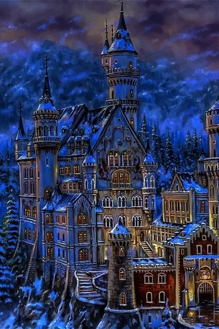 Обои арт, снег, зима, замок нойшванштайн, art, snow, winter, neuschwanstein castle разрешение 1920x1080 Загрузить