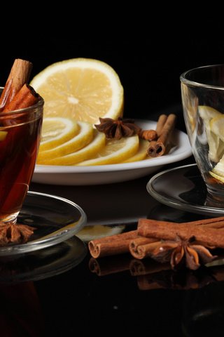 Обои корица, лимон, чай, чайник, чашки, бадьян, cinnamon, lemon, tea, kettle, cup, star anise разрешение 2560x1600 Загрузить