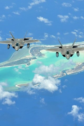 Обои море, полет, остров, истребители, f-22 raptor, «раптор», многоцелевые, sea, flight, island, fighters, "raptor", multipurpose разрешение 4000x2296 Загрузить