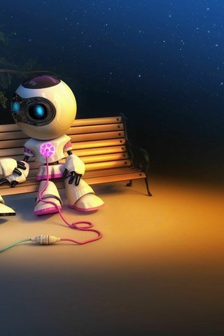 Обои любовь, роботы, лавочка, любовь под звездным небом, love, robots, shop, love under the starry sky разрешение 1920x1200 Загрузить