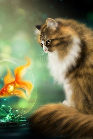 Обои кот, кошка, фотошоп, живопись, золотая рыбка, рыба, нelena, cat, photoshop, painting, goldfish, fish, gb разрешение 1920x1200 Загрузить