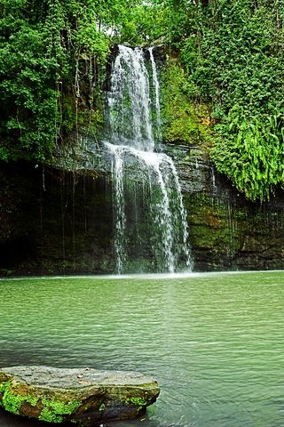 Обои деревья, скалы, пейзаж, водопад, водоем, trees, rocks, landscape, waterfall, pond разрешение 2880x1920 Загрузить