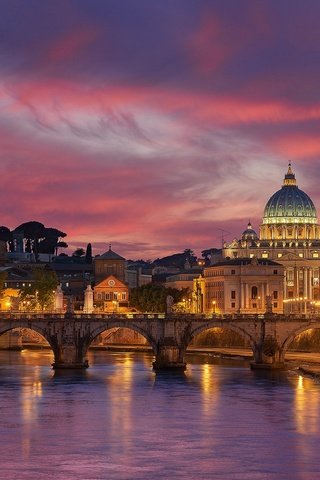 Обои вечер, ватикан, река, собор, мост, город, италия, церковь, рим, the evening, the vatican, river, cathedral, bridge, the city, italy, church, rome разрешение 1920x1200 Загрузить