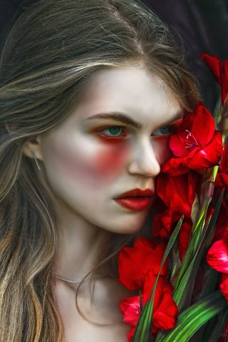 Обои арт, девушка, фантазия, agnieszka lorek, tears and gladiolus, magda, красные цветы, art, girl, fantasy, red flowers разрешение 2048x1732 Загрузить
