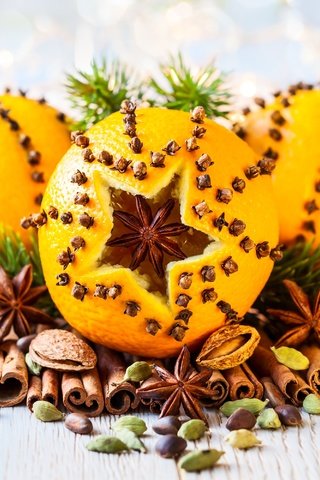 Обои орехи, корица, апельсин, гвоздика, декор, бадьян, nuts, cinnamon, orange, carnation, decor, star anise разрешение 3000x2000 Загрузить