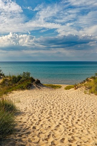 Обои небо, облака, берег, пейзаж, море, песок, пляж, горизонт, the sky, clouds, shore, landscape, sea, sand, beach, horizon разрешение 1920x1200 Загрузить