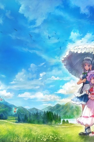 Обои трава, облака, платье, аниме, девушки, зонт, grass, clouds, dress, anime, girls, umbrella разрешение 2560x1925 Загрузить