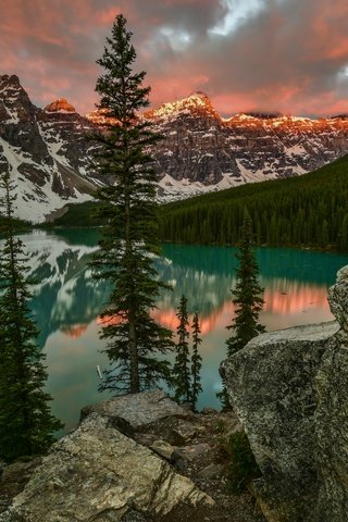 Обои деревья, озеро, горы, скалы, природа, канада, альберта, морейн, trees, lake, mountains, rocks, nature, canada, albert, moraine разрешение 7360x4912 Загрузить