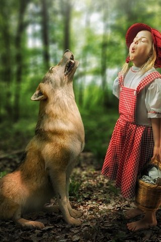 Обои лес, ситуация, девочка, волк, встреча, красная шапочка, forest, the situation, girl, wolf, meeting, little red riding hood разрешение 2000x1333 Загрузить