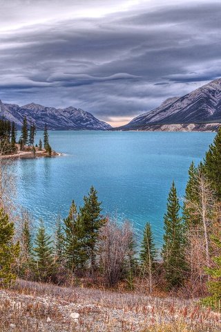 Обои деревья, озеро, горы, природа, тучи, пейзаж, канада, abraham lake, trees, lake, mountains, nature, clouds, landscape, canada разрешение 5627x3745 Загрузить