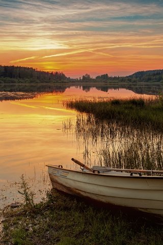 Обои небо, лодка, облака, куст, озеро, берег, лес, закат, отражение, ветки, the sky, boat, clouds, bush, lake, shore, forest, sunset, reflection, branches разрешение 3840x2160 Загрузить