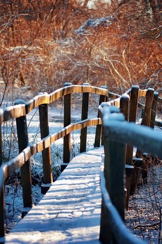 Обои зима, тропа, деревянный мост, winter, trail, wooden bridge разрешение 2048x1363 Загрузить