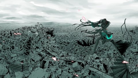 Обои город, вокалоид, катастрофа, мику хацунэ, the city, vocaloid, disaster, hatsune miku разрешение 3000x1500 Загрузить