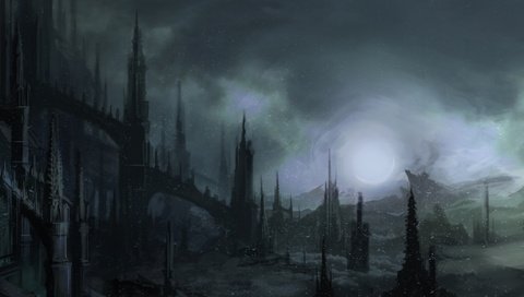 Обои арт, ночь, снег, мрак, готика, шпили, art, night, snow, the darkness, gothic, spires разрешение 1920x1080 Загрузить