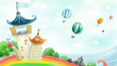 Обои домики, радуга, воздушные шары, houses, rainbow, balloons разрешение 1920x1200 Загрузить