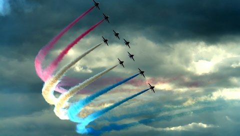 Обои облака, цвет, самолеты, истребители, шлейф, clouds, color, aircraft, fighters, train разрешение 1920x1200 Загрузить