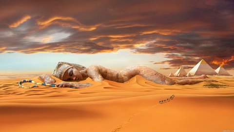 Обои песок, пустыня, статуя, дюны, караван, верблюды, пирамиды, sand, desert, statue, dunes, caravan, camels, pyramid разрешение 1920x1080 Загрузить