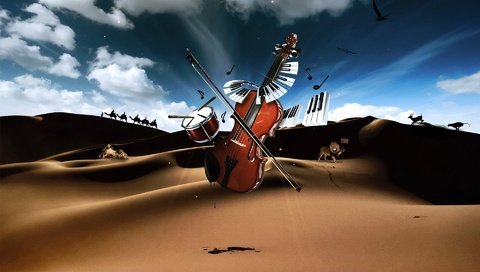 Обои пустыня, скрипка, клавиши, барабан, музыкальные инструменты, desert, violin, keys, drum, musical instruments разрешение 1920x1200 Загрузить
