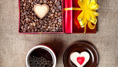 Обои зерна, кофе, сердце, чашка, кофейные, подарок, праздник, коробка, пирожное, cake, grain, coffee, heart, cup, gift, holiday, box разрешение 2560x1600 Загрузить