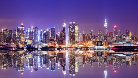 Обои ночь, огни, панорама, небоскребы, сша, нью-йорк, манхэттен, оражение, night, lights, panorama, skyscrapers, usa, new york, manhattan, oragene разрешение 1920x1200 Загрузить