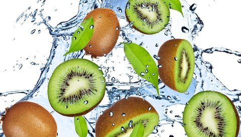 Обои вода, зелёный, капли, свежесть, фрукты, брызги, киви, листики, water, green, drops, freshness, fruit, squirt, kiwi, leaves разрешение 2560x1600 Загрузить