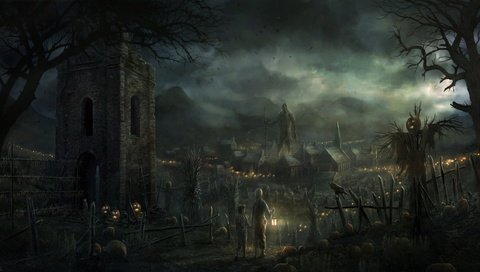 Обои встреча хэллоуина в деревне, meeting of halloween in the village разрешение 2560x1440 Загрузить