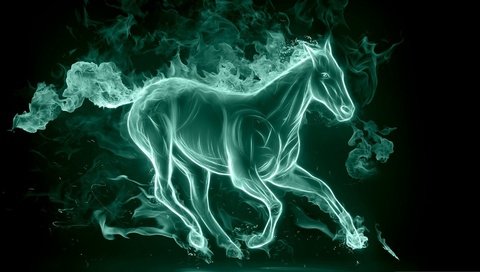 Обои лошадь, сияние, дым, грива, хвост, бежит, horse, lights, smoke, mane, tail, runs разрешение 1920x1080 Загрузить