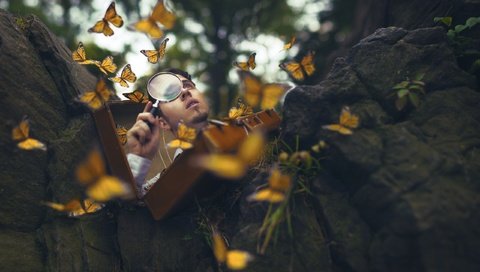 Обои фон, парень, бабочки, мужчина, лупа, background, guy, butterfly, male, magnifier разрешение 2560x1536 Загрузить