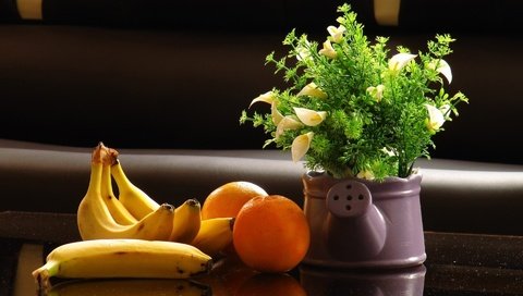 Обои цветы, фрукты, апельсины, букет, бананы, натюрморт, лейка, flowers, fruit, oranges, bouquet, bananas, still life, lake разрешение 1920x1200 Загрузить