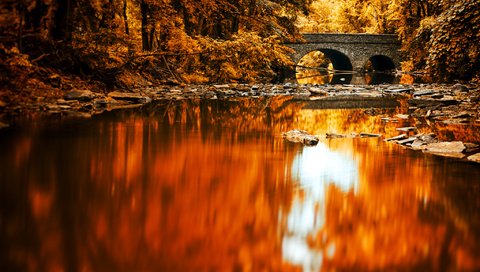 Обои озеро, река, лес, отражение, мост, осень, lake, river, forest, reflection, bridge, autumn разрешение 2048x1365 Загрузить