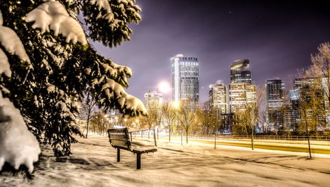 Обои ночь, город, скамья, канада, калгари, night, the city, bench, canada, calgary разрешение 2560x1600 Загрузить