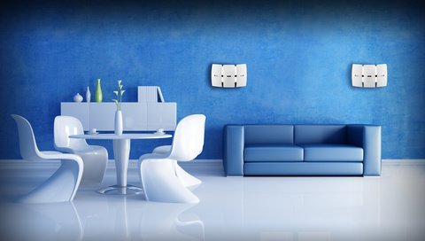 Обои интерьер, гостиная, синяя комната, белая мебель, interior, living room, the blue room, white furniture разрешение 4600x2690 Загрузить