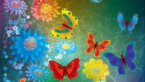 Обои цветы, абстракт, бабочки, гранж, дезайн,  цветы, butterflies, flowers, abstract, butterfly, grunge, design разрешение 6000x5800 Загрузить