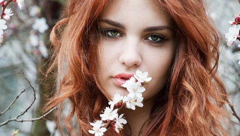 Обои девушка, взгляд, весна, волосы, зеленые глаза, веточки, girl, look, spring, hair, green eyes, twigs разрешение 6981x4990 Загрузить