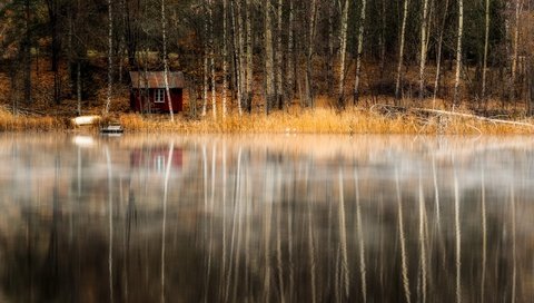 Обои деревья, озеро, берег, лес, отражение, домик, trees, lake, shore, forest, reflection, house разрешение 2560x1708 Загрузить