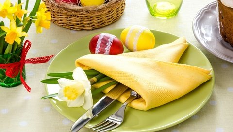 Обои вилка, пасха, нож, салфетка, тарелка, нарцисс, сервировка, plug, easter, knife, napkin, plate, narcissus, serving разрешение 1920x1280 Загрузить