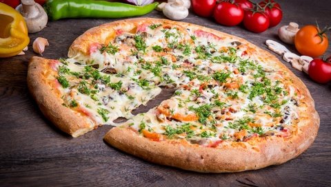 Обои зелень, грибы, сыр, овощи, помидор, перец, пицца, greens, mushrooms, cheese, vegetables, tomato, pepper, pizza разрешение 3000x1993 Загрузить