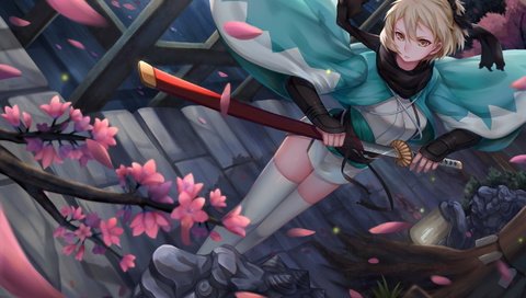 Обои ветка, девушка, меч, дом, сакура, катана, branch, girl, sword, house, sakura, katana разрешение 2000x1247 Загрузить