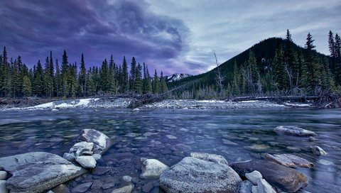 Обои небо, деревья, река, горы, природа, камни, пейзаж, the sky, trees, river, mountains, nature, stones, landscape разрешение 2048x1365 Загрузить