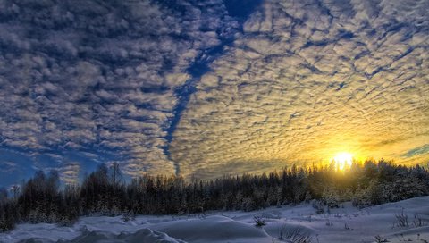 Обои облака, снег, природа, лес, закат, зима, пейзаж, clouds, snow, nature, forest, sunset, winter, landscape разрешение 1920x1080 Загрузить
