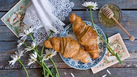 Обои цветы, салфетка, мед, круассаны, домашний завтрак, flowers, napkin, honey, croissants, homemade breakfast разрешение 1920x1200 Загрузить